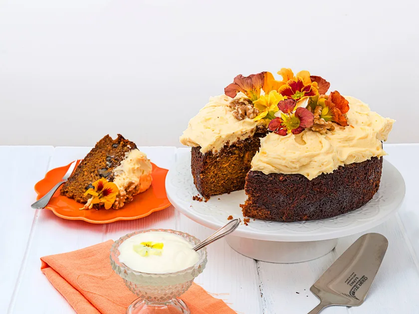 Kumara and walnut cake with caramel cream cheese frosting