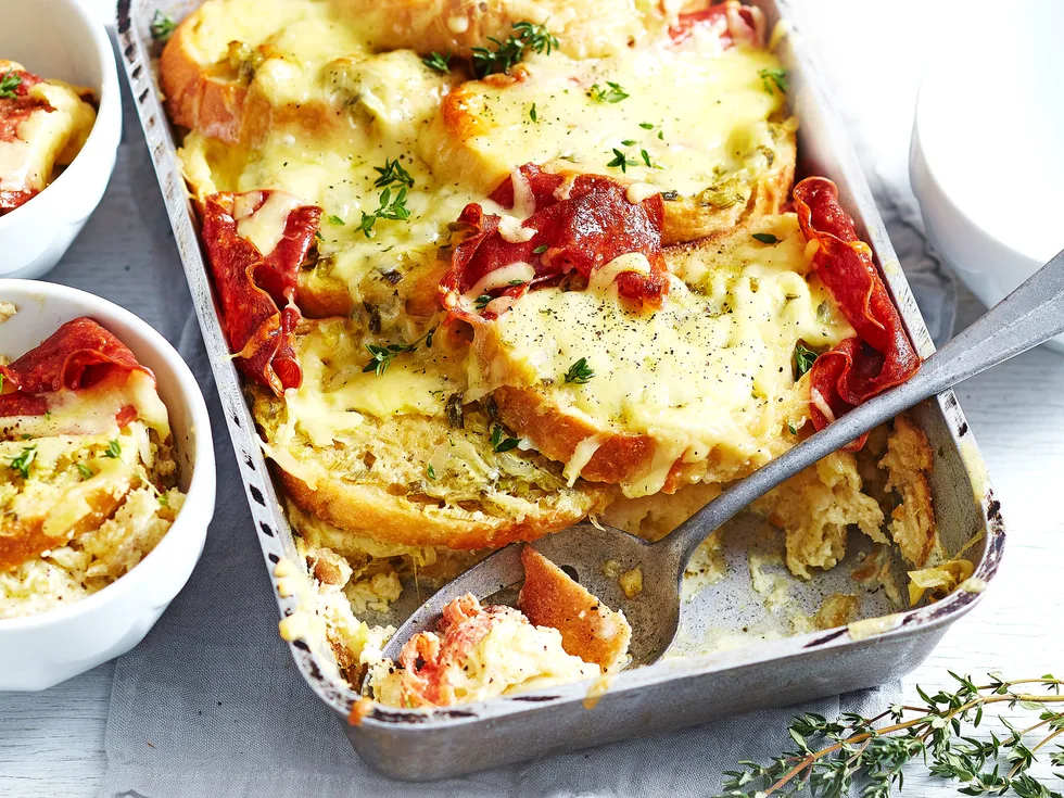 Salami sourdough bread and butter pudding