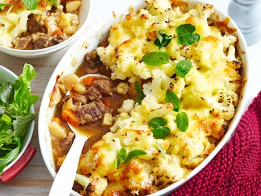 Lamb pie with cheesy cauliflower crust