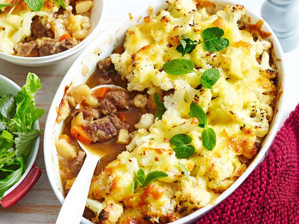 Lamb pie with cheesy cauliflower crust