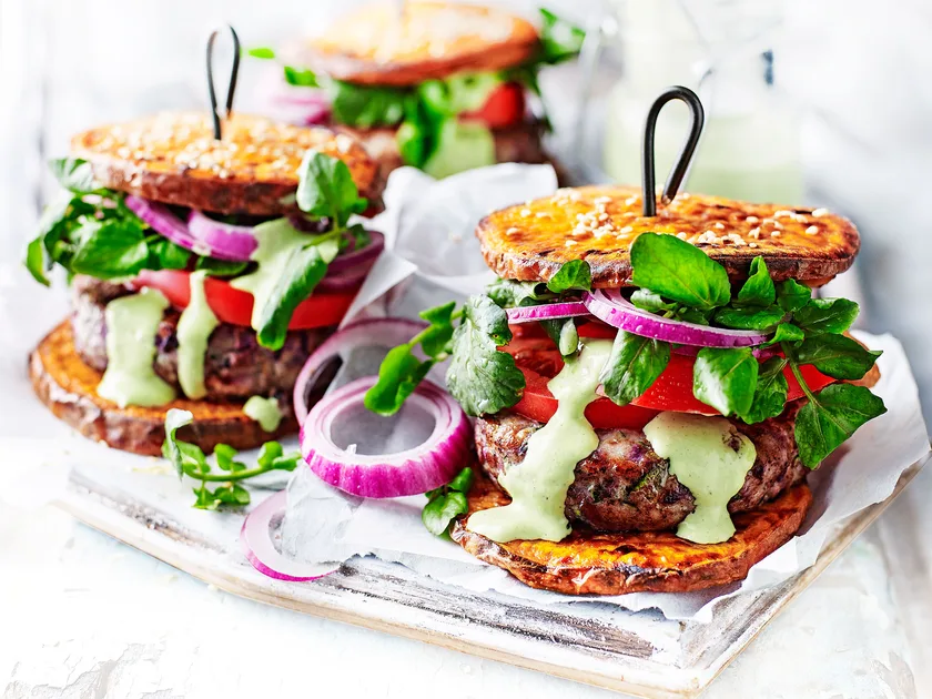 Low-carb turkey burgers with kumara 'buns'
