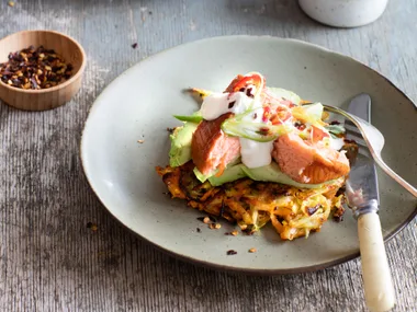 Hash browns with salmon and avocado