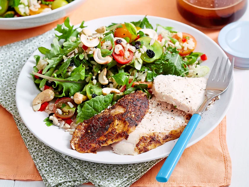 Easy roast chicken with brown rice salad