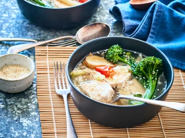 Poached chicken in broth