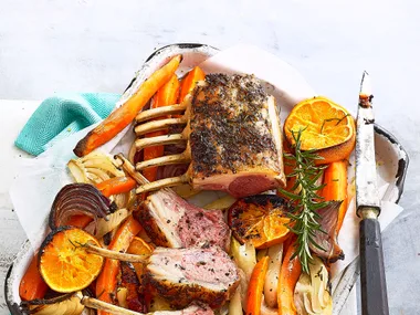 Orange roasted winter veg with lamb and rosemary
