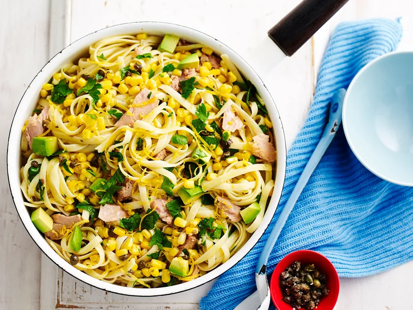 Easy lemony tuna pasta with corn and avocado