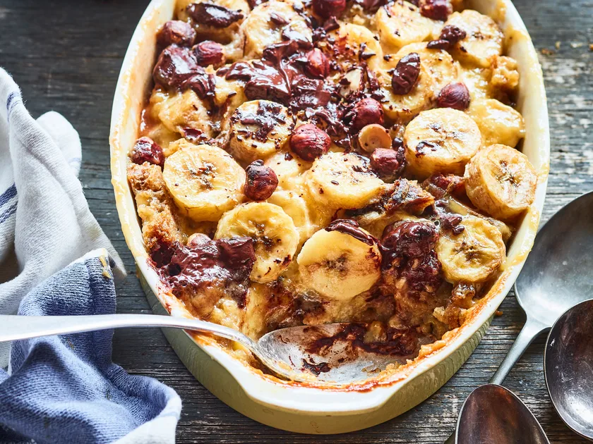 Sticky banana and hazelnut croissant pudding