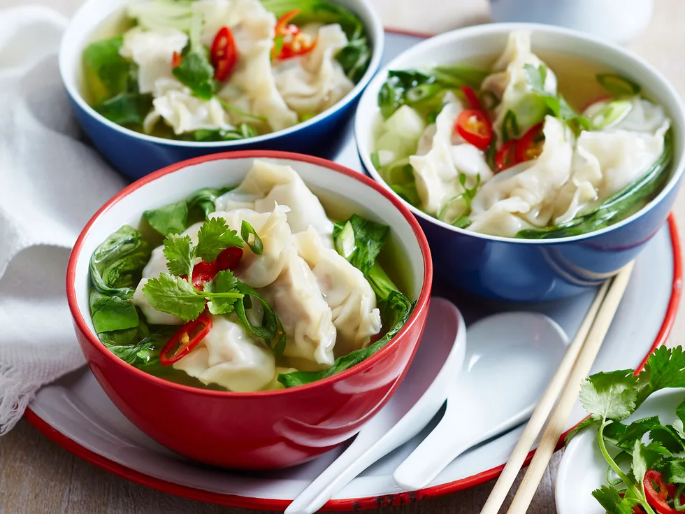 Roast pork dumplings with leftover wilted greens soup