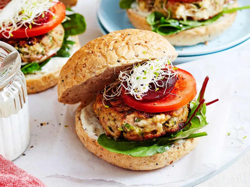 Lamb burgers with courgette, feta and beetroot