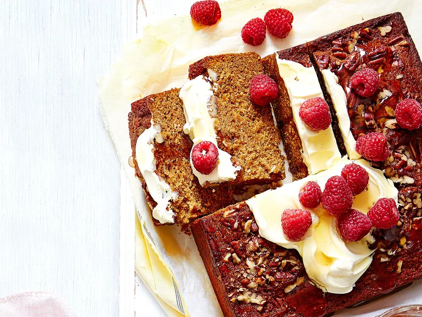 Spiced honey and pecan cake with crème fraîche
