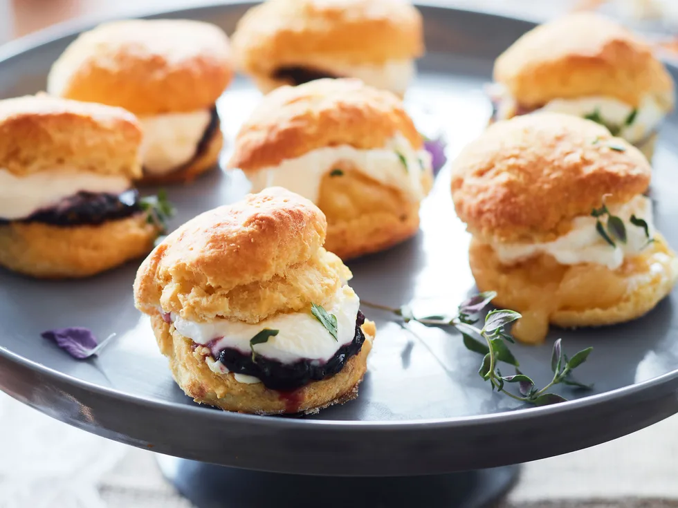 Thyme and fennel scones with blackberry jam and lemon curd