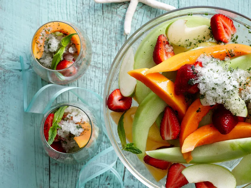 Champagne fruit salad with mint-lime granita
