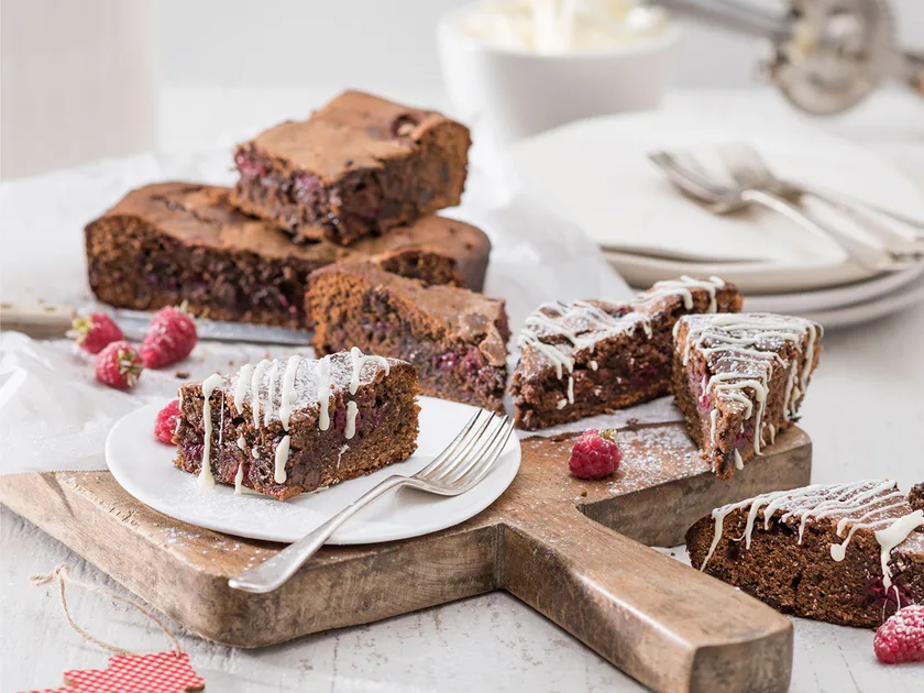 Fudgy chocolate raspberry and almond brownies