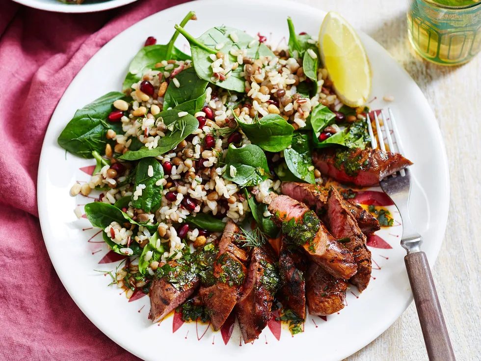 Mixed rice and lentil salad with chermoula lamb