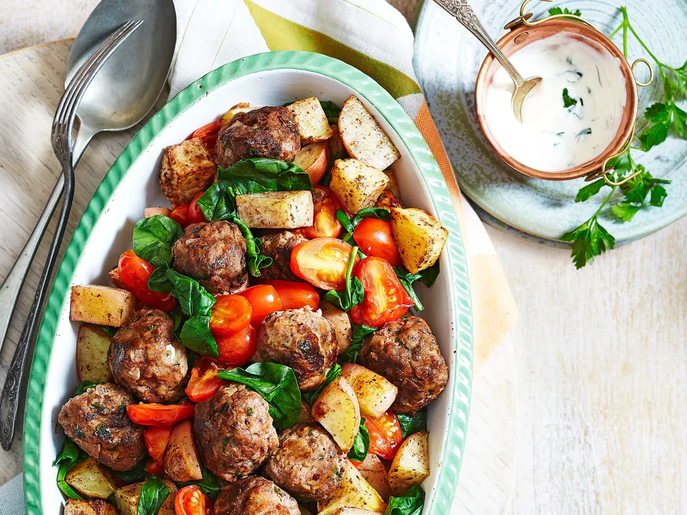 Sumac meatballs and potatoes with garlic yoghurt