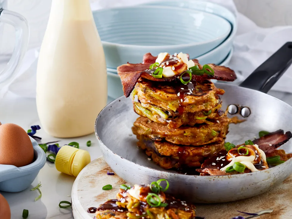 Okonomiyaki with slaw, bacon and tonkatsu
