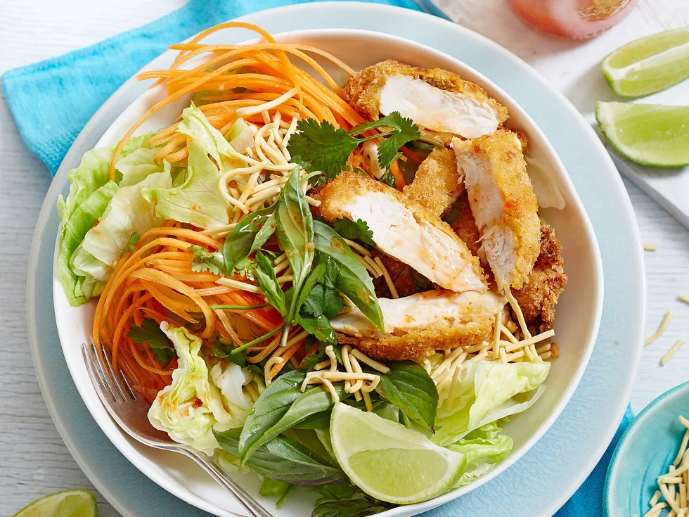 Thai red curry chicken schnitzel with crispy salad