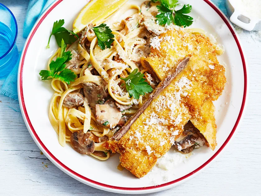 Beef schnitzel with stroganoff sauce