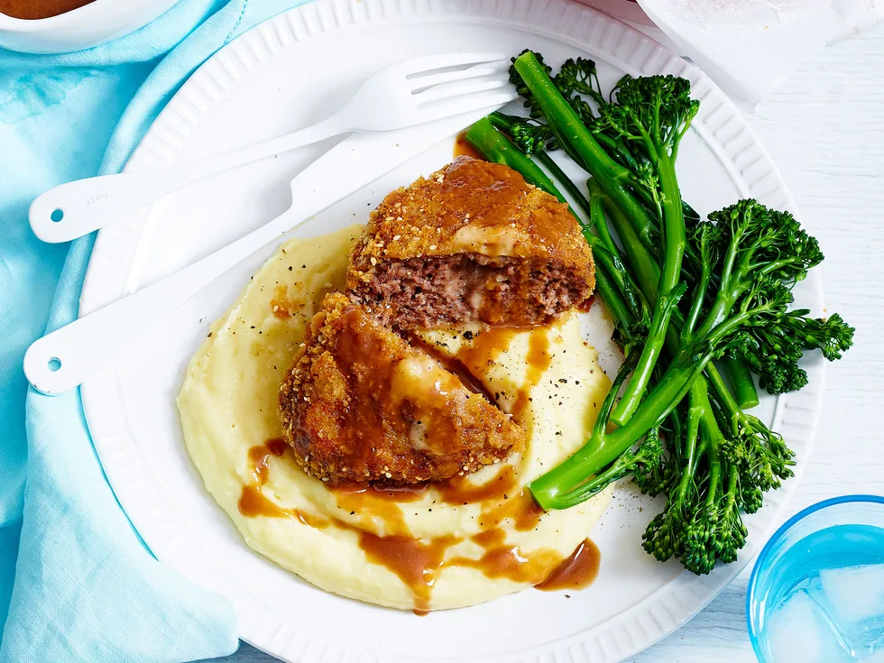 Beef patty schnitzel with mash and gravy