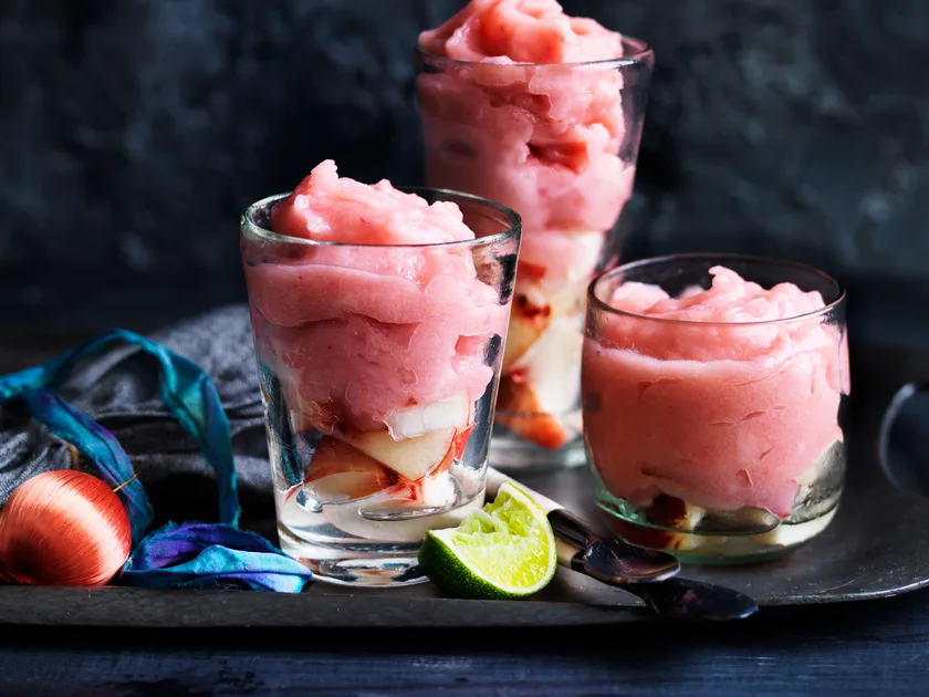 Peach and gin frozen slushie cocktail