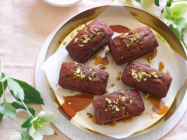 Mini date and pistachio loaf cakes with espresso syrup