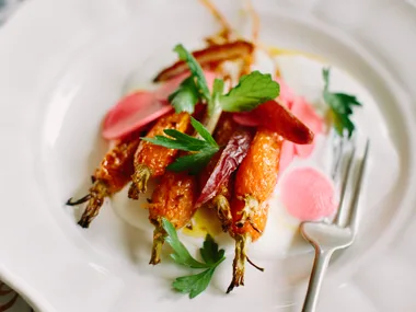 Honey and orange roasted carrots with whipped feta and pickled radish