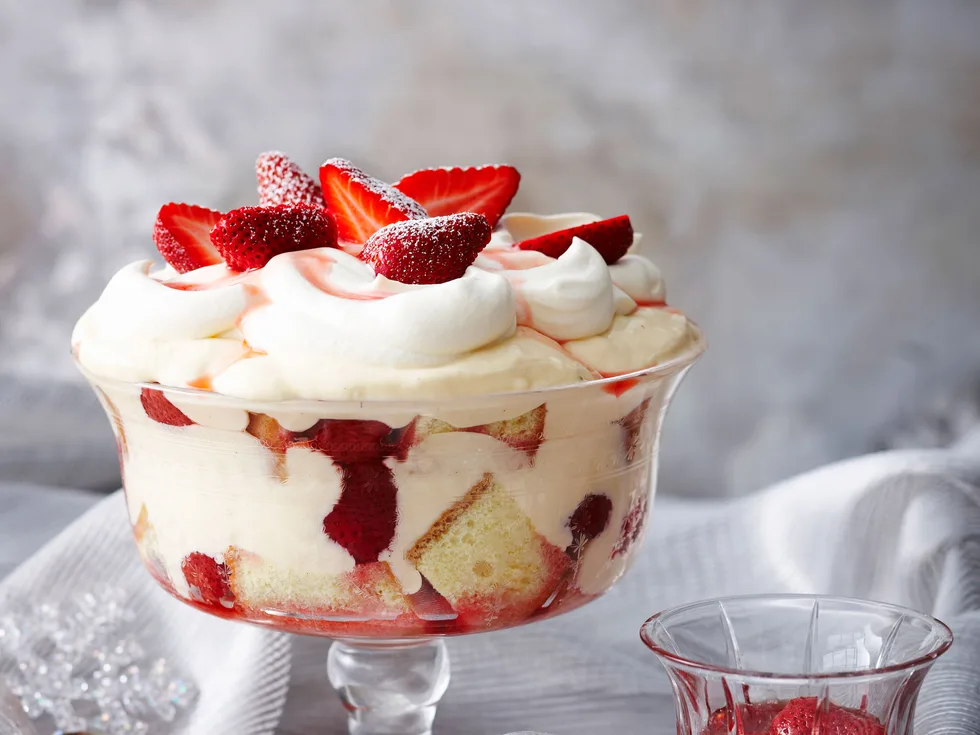 Cheat's strawberry and cream trifle with custard