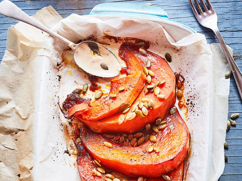 Caramel-glazed roast pumpkin with yoghurt dressing
