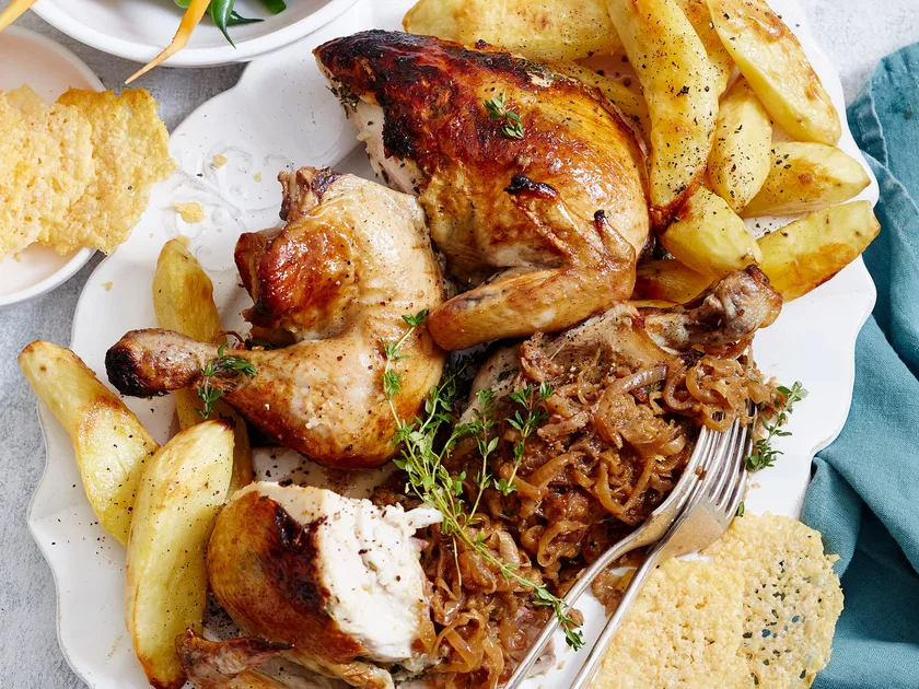 French onion-stuffed roast chicken with crispy potatoes