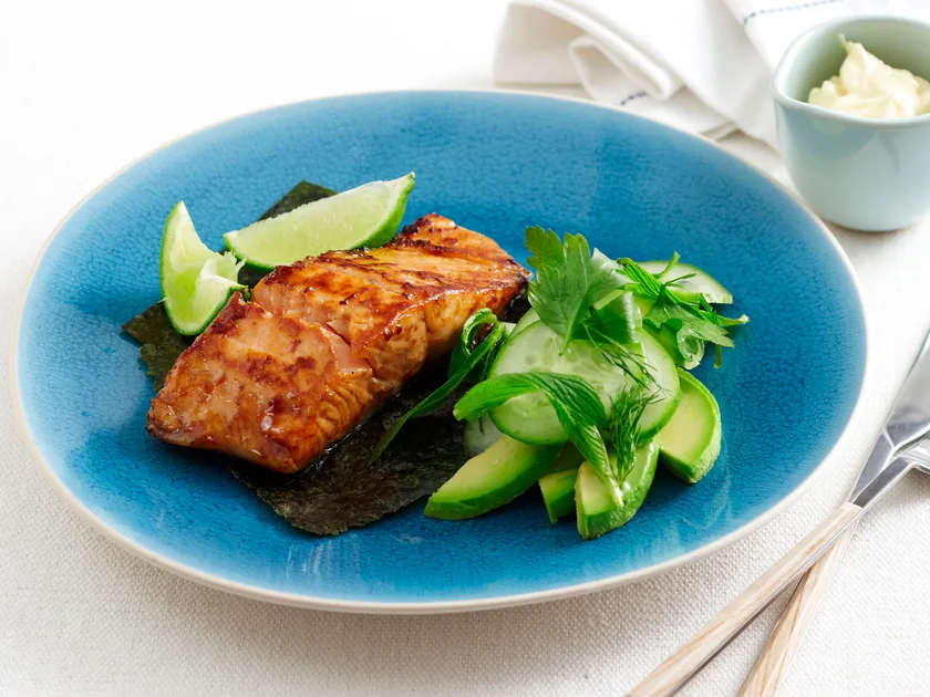 Grilled teriyaki salmon with avocado salad