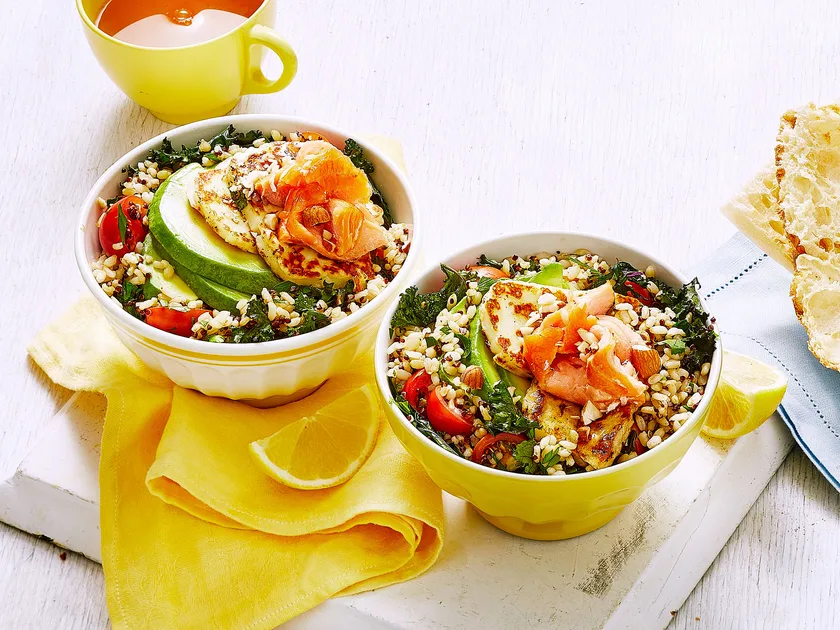 Hot-smoked salmon and haloumi quinoa breakfast bowls