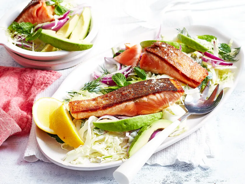 Crispy skin salmon with cabbage and gherkin dressing