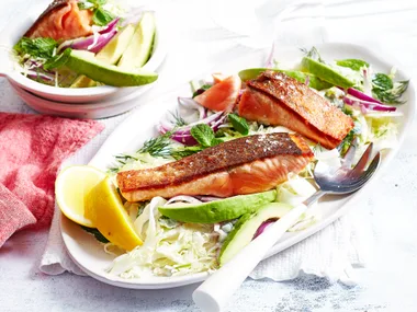 Crispy skin salmon with cabbage salad and gherkin dressing