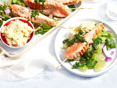 Salmon skewers with salsa verde and skordalia