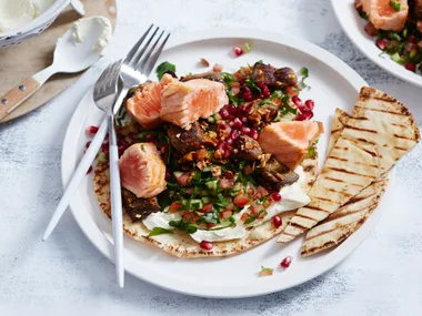Seared salmon with almond salad and homemade labne