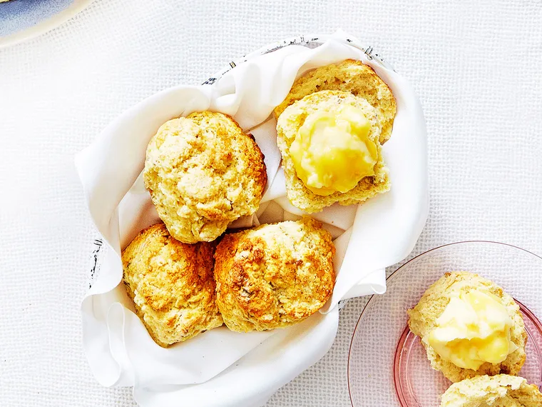 Rich pistachio scones with lemon curd mascarpone