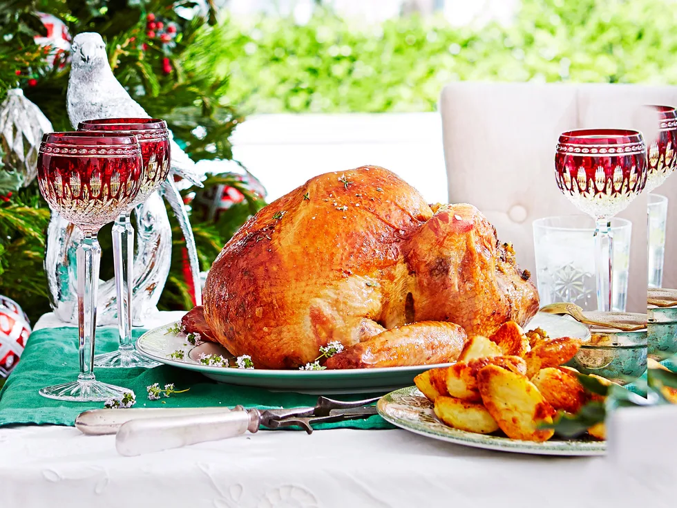 Maple-crusted turkey with corn and bacon stuffing