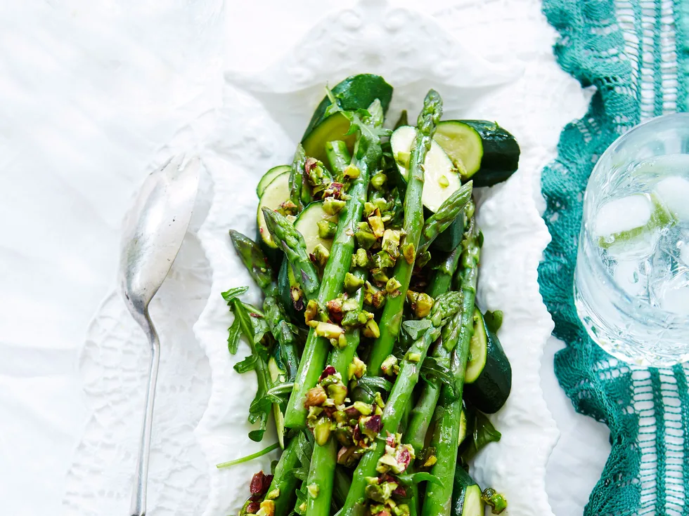 Courgette and asparagus salad with lemon pistachio dressing
