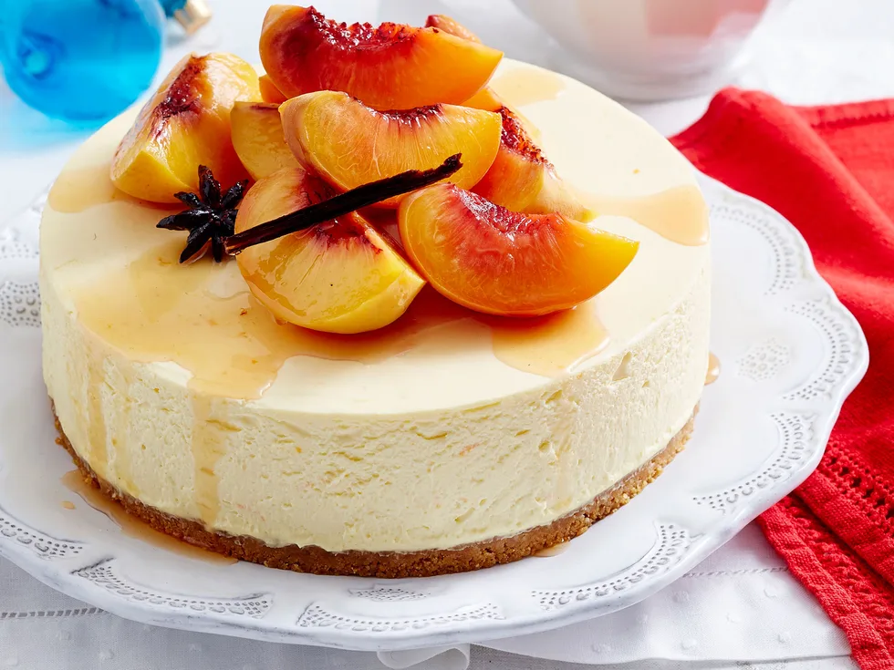 Cheesecake with poached peaches