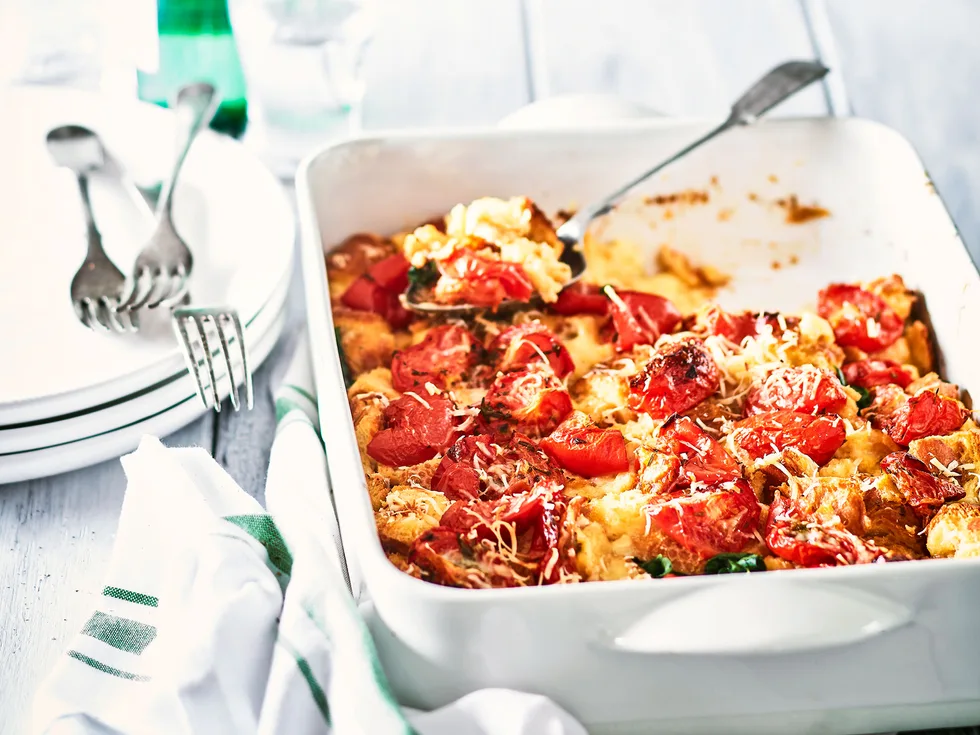 Roasted tomato, cheese and herb strata