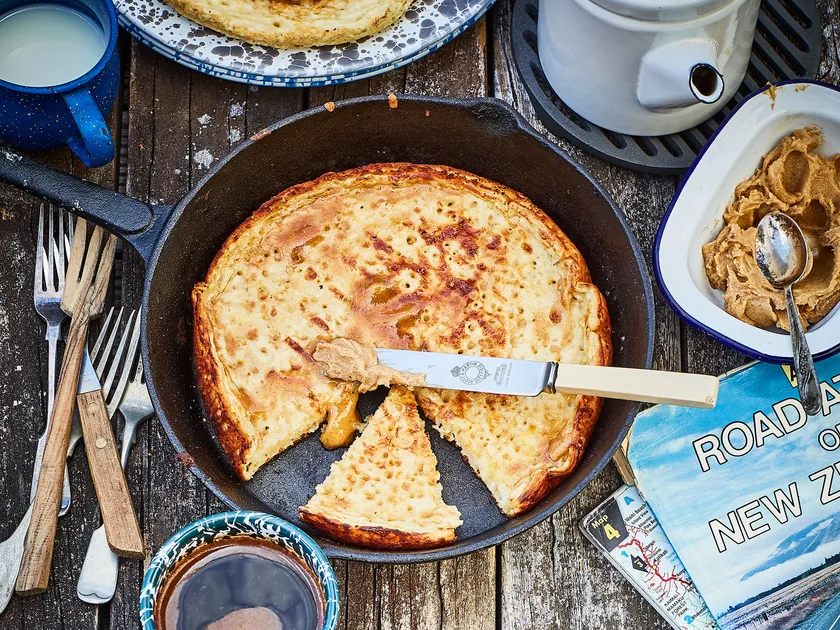 Homemade camp crumpets with cinnamon butter