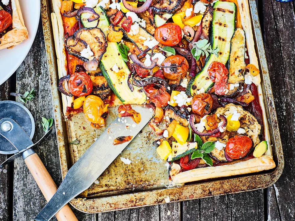 Barbecued summer vegetable tart with chutney and feta