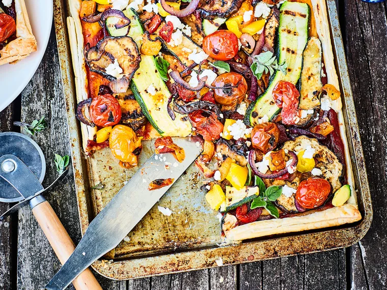 Barbecued summer vegetable tart with chutney and feta