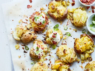 Smashed roasted new potatoes with garlic and parmesan