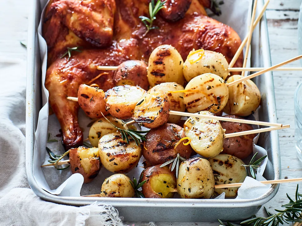 Barbecued new potato skewers with rosemary and maple