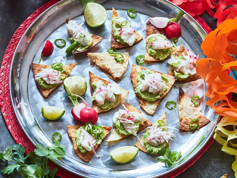 Zingy ceviche and guacamole on crispy toastadas