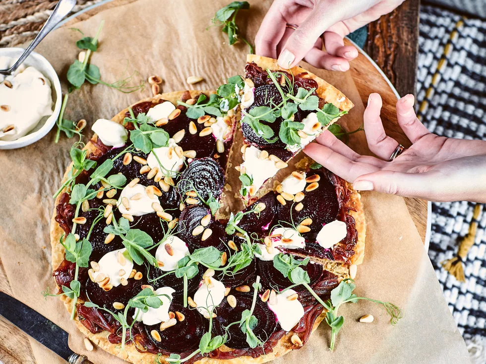 Vegan roast beetroot, caramelised onion and cashew cream tart