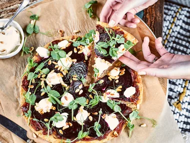 Vegan roast beetroot, caramelised onion and cashew cream tart
