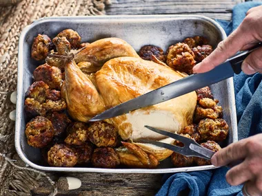 Bacon, apricot and sage stuffing balls with roast chicken