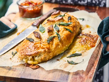 Portabello mushroom, caramelised onion and brie Wellington